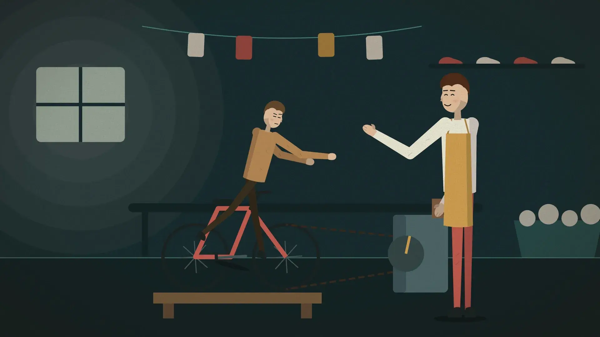 Two brothers in a laundry room, one pedalling a bicycle that drives a machine.
