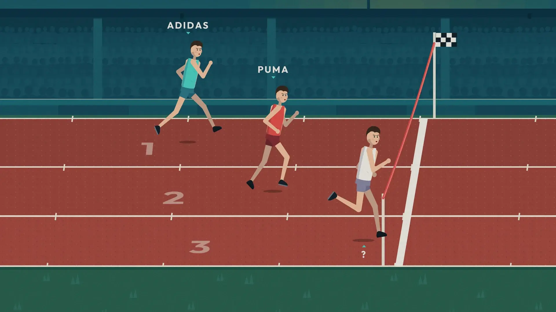 An adidas runner and a Puma runner on a red track while a third runner reaches the tape.