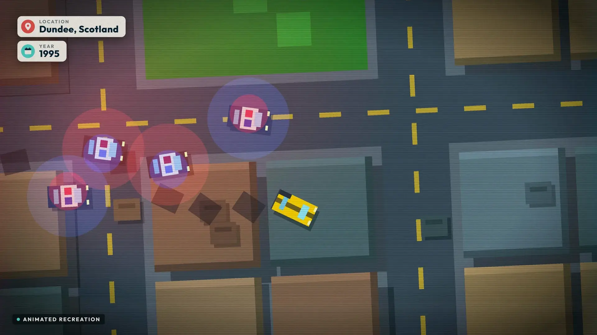 A top-down pixel city where police cars swarm a yellow getaway car. Animated recreation.