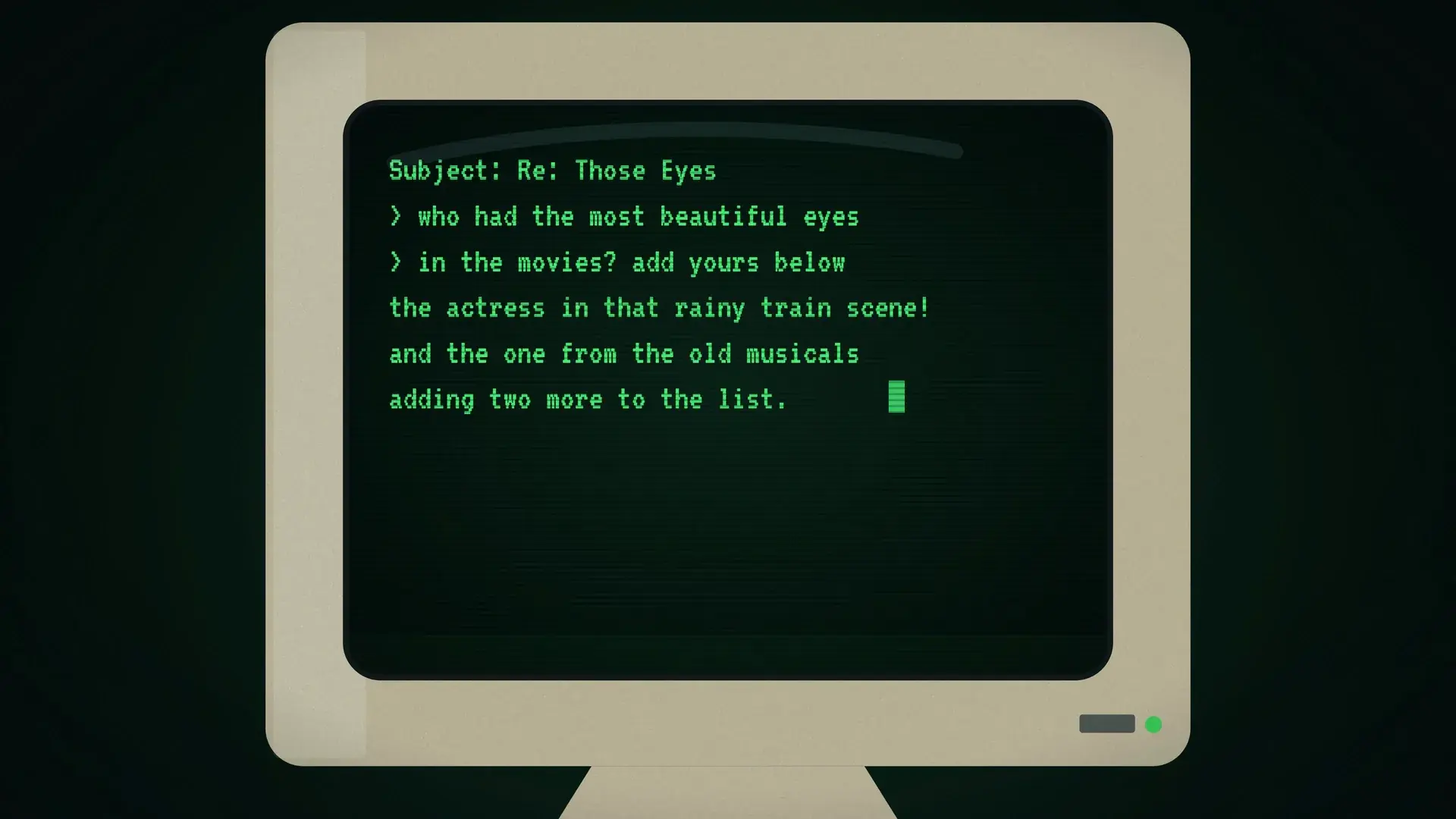 A green-screen terminal showing a reply in a thread called "Those Eyes". Our recreation, not the real post.