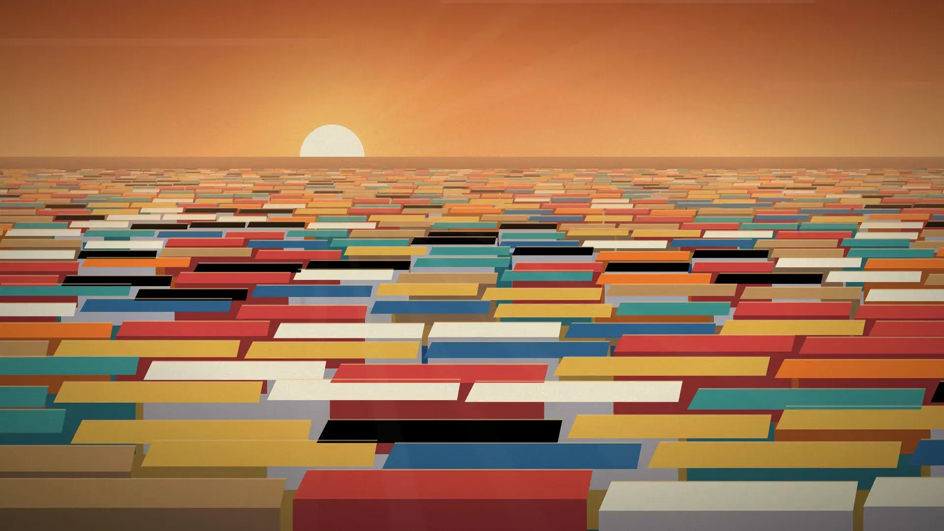A sea of shoe boxes stretching to a sunset horizon.