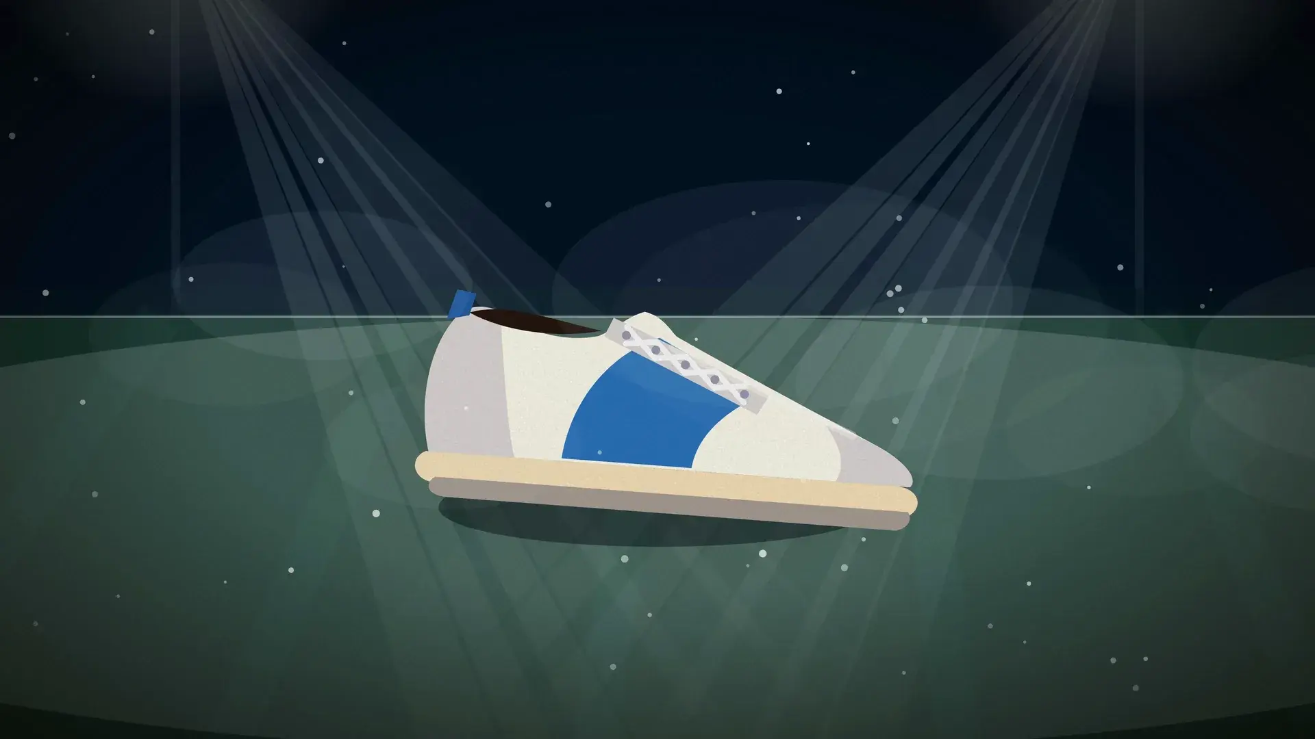 A single running shoe under two spotlights.
