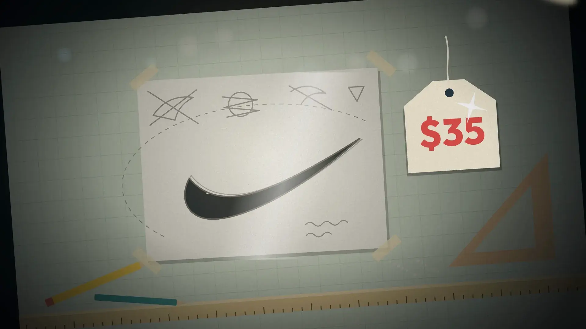 A sketch of the swoosh pinned to a drawing board with a $35 price tag.