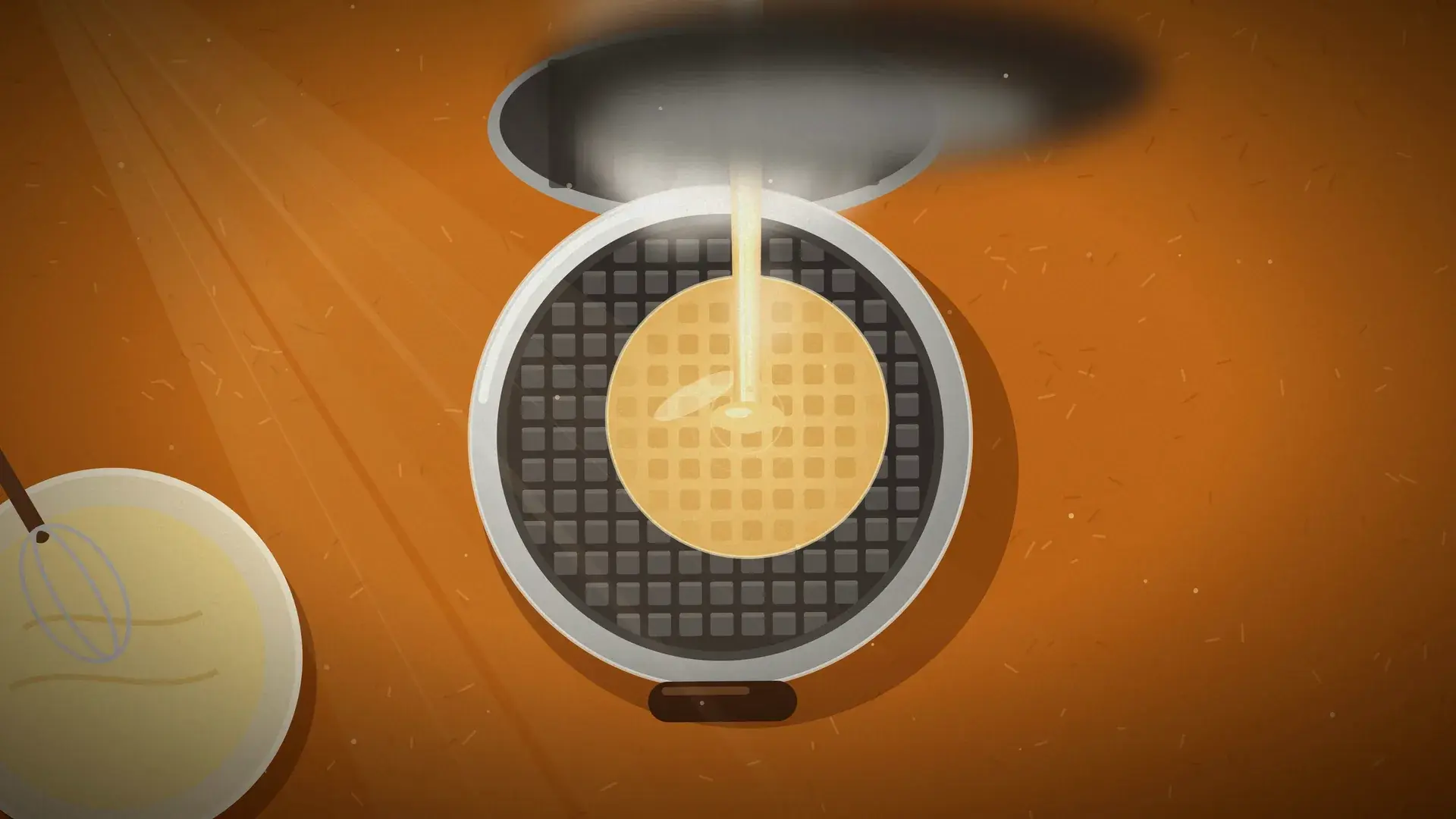 Batter poured into a round waffle iron, seen from above.