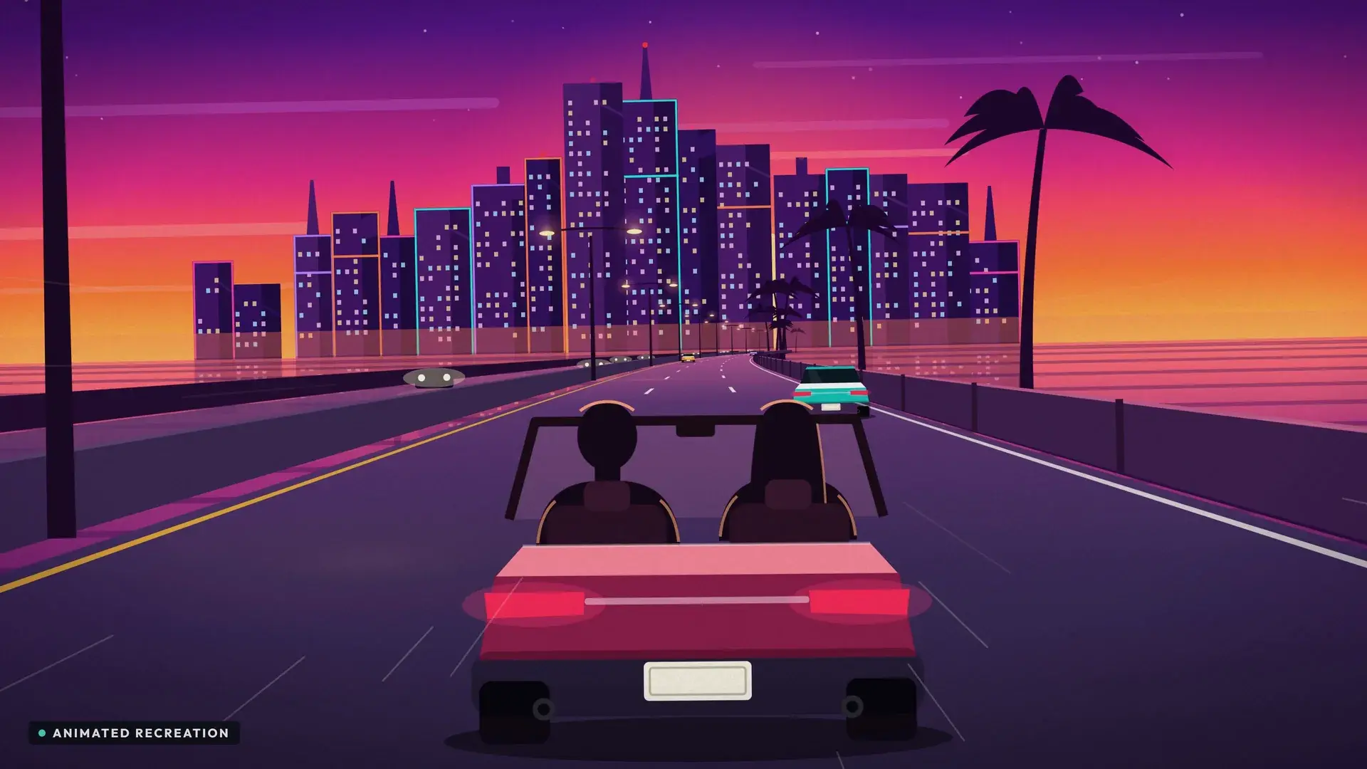 A pink convertible driving towards a neon city at sunset. Animated recreation.