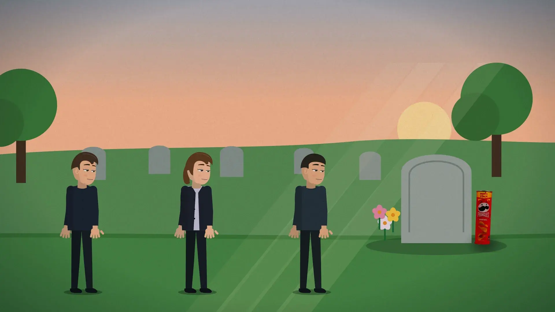 Three mourners at a grave at sunset, with a can of Pringles beside the headstone.