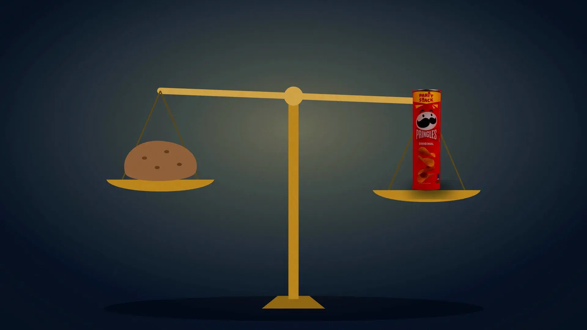 A balance scale with a potato on one side and a can of Pringles on the other.